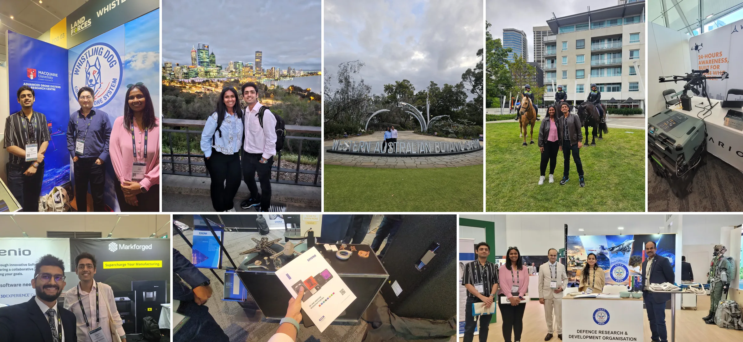 Collage from Land Forces 2026 in Perth: Avishkar Seth, Alice James and Endrowednes at the ADSRC stand, Kings Park, the Botanic Garden, mounted police, exhibitor stands and the DRDO stand